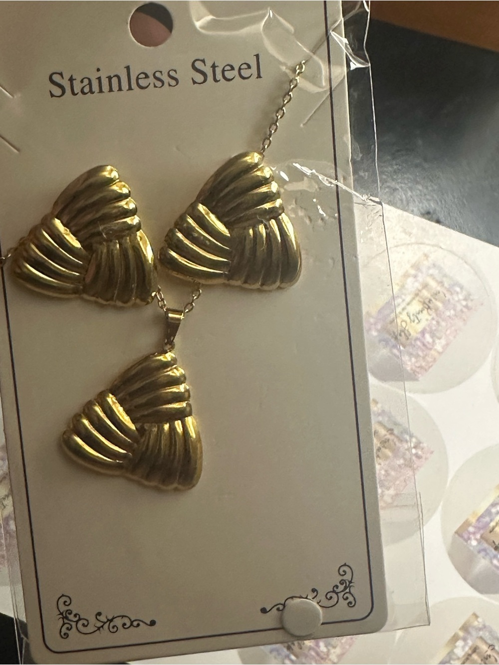 Gold Stainless Steel Tri-Leaf Necklace and Earring Set